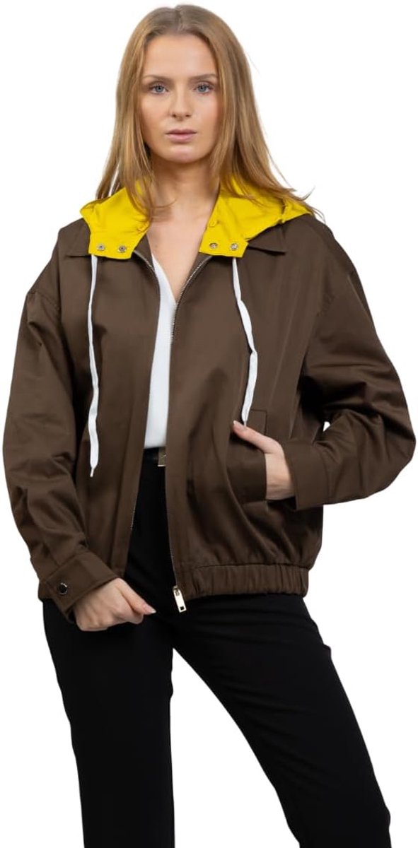 Damesjas met afneembare capuchon, contrast, waterdichte stof, ritssluiting, casual 2-in-1 stijl (FR/ES, Alpha/letters, M, normale maat, chocolade)