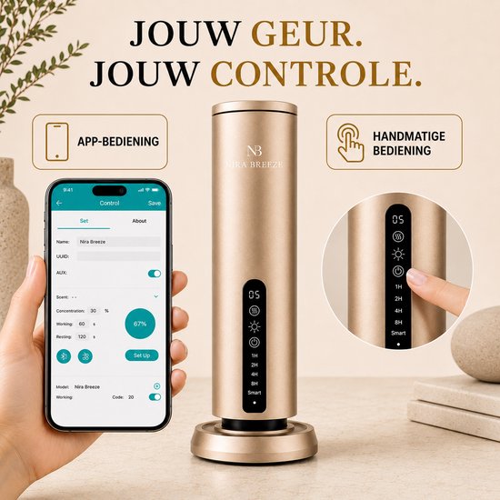 Demonstratie van de Nira Breeze diffuser: bediening via app op smartphone en handmatige bediening op apparaat.