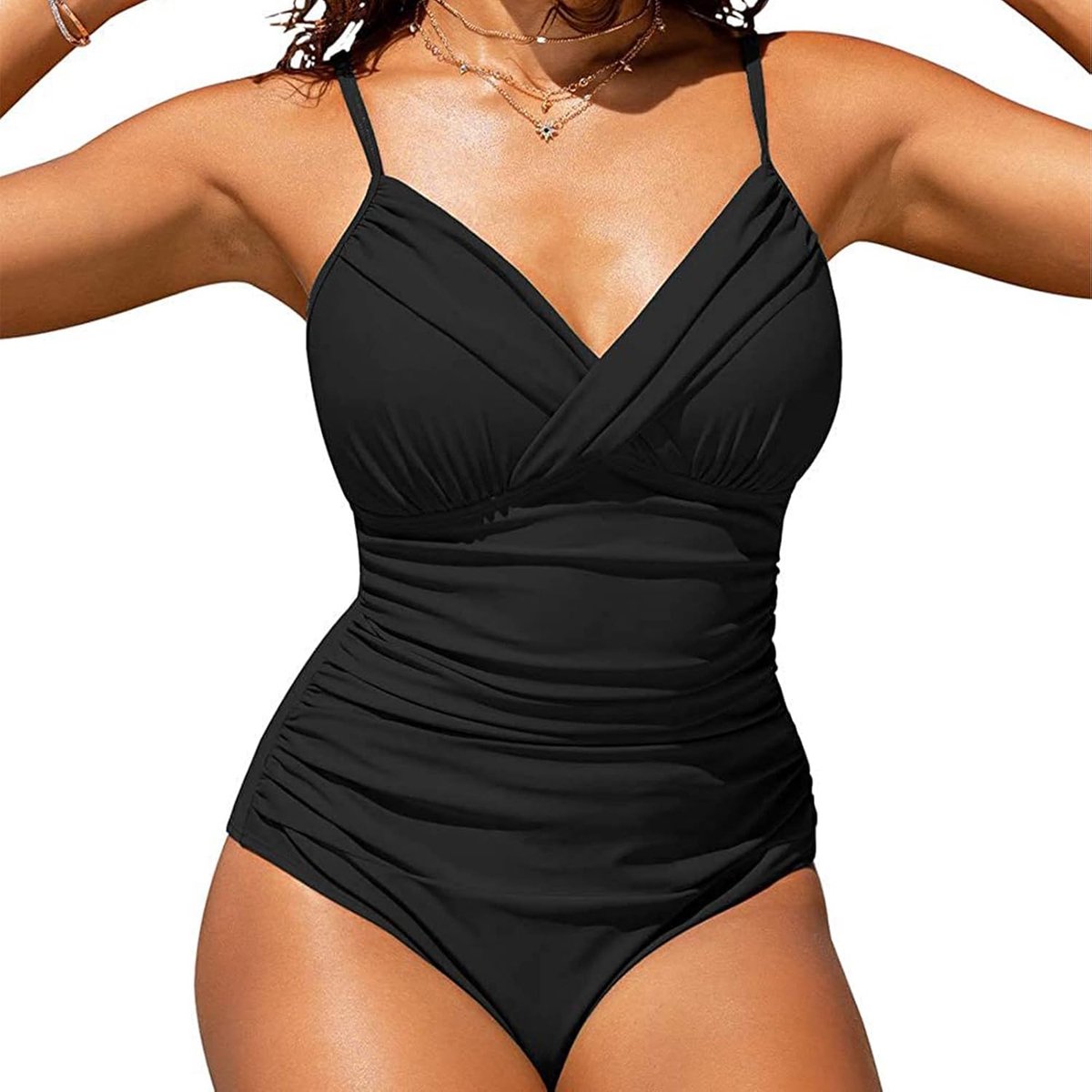 Badpak voor dames, met V-hals, rondingen, volledig vormend, eendelig, monokini, zee, zwembad, strand, gevoerd, elegant, Zwart, XL
