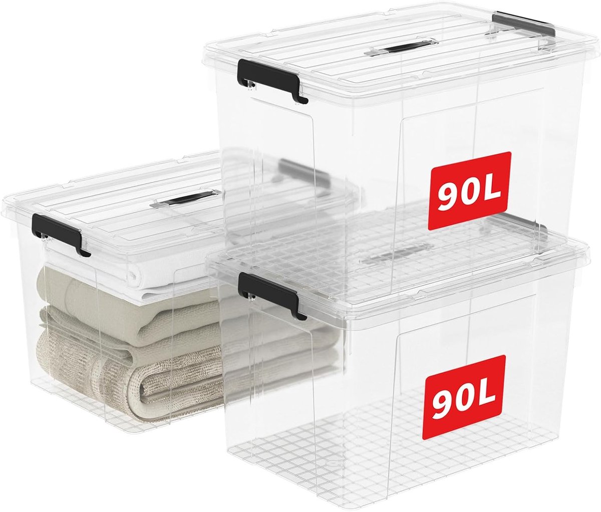 90L x 3 opbergdozen, plastic opbergdoos met deksels, organiserende container met handvat en veilige vergrendelende gespen, stapelbaar, nestbaar, draagtas voor thuiskantoor kleding, 90L-3Pack,