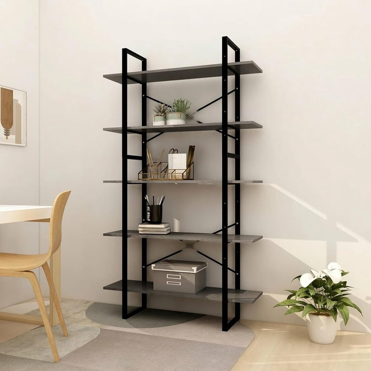 J3082005 Boekenkast met 5 niveaus, grijs, 100 x 30 x 175 cm van grenenhout, boekenkast, opbergplank, boekenkast, cd-rek, boekenkast voor woonkamer