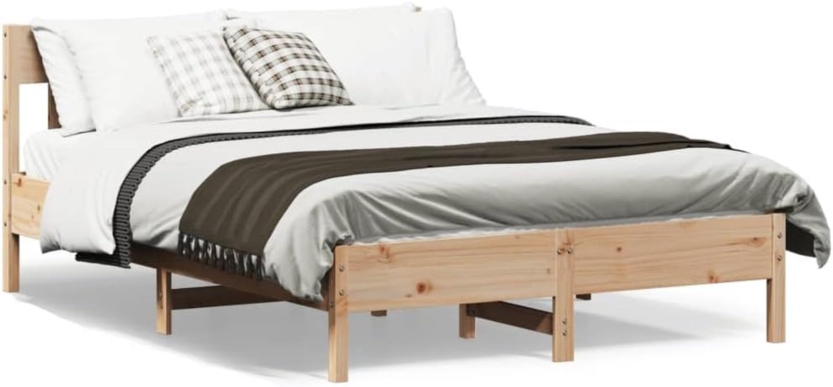 Houten bed zonder matras, 150 x 200 cm, grenenhout met multiplex latten en hoofdeinde voor een goede nachtrust, 4 stuks stabiele poten, rustieke look, van massief grenenhout, 4 stuks