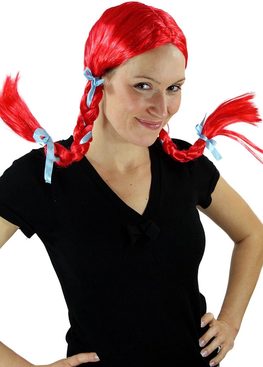Carnavalspruik, felrood, lange vlechten, speels, NIEUWE pruik