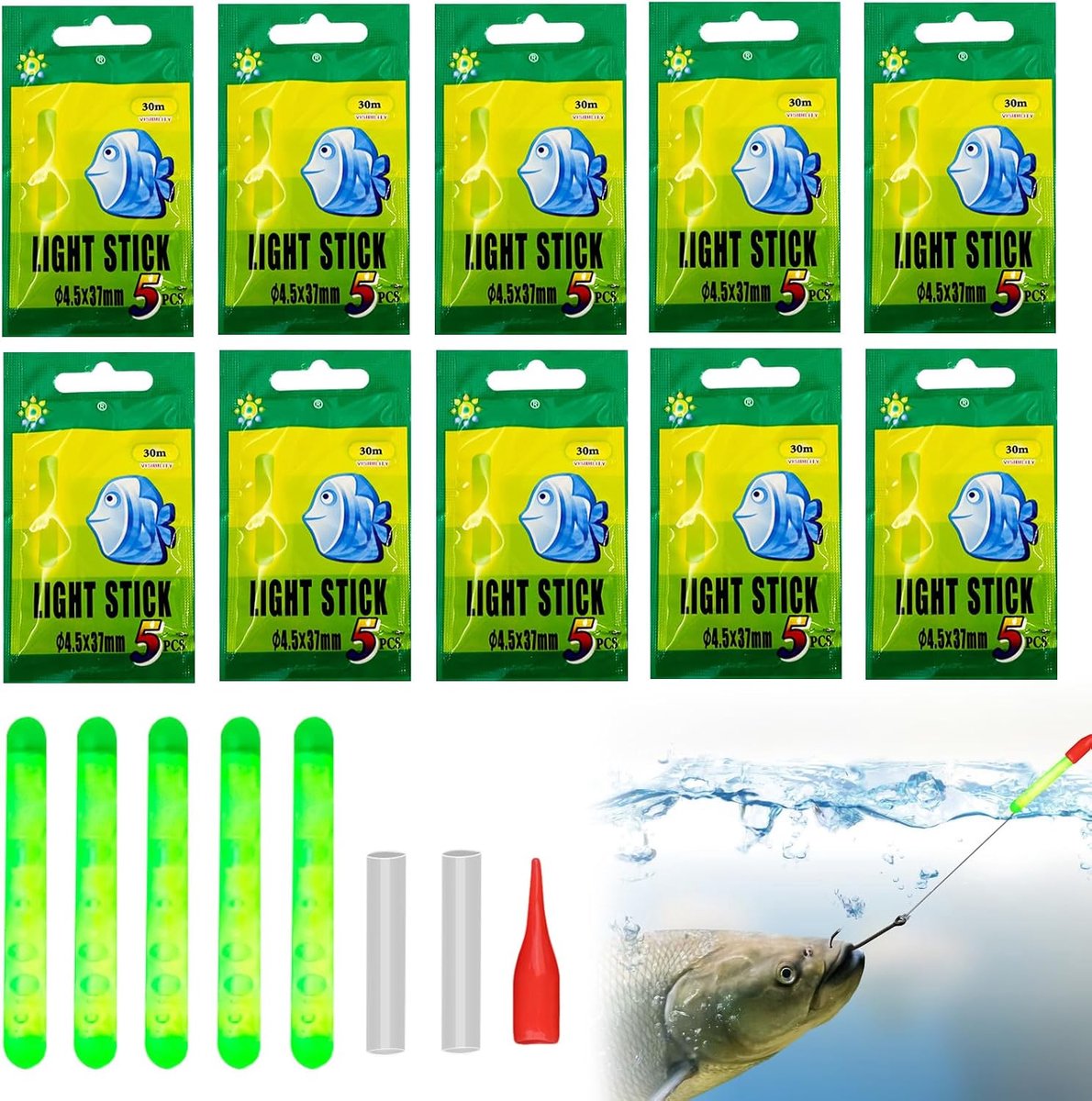 Kniklicht voor vissen, 50 stuks, lichtstaven voor hengels, 4,5 x 37 mm, float glow-stick, nachtvissen, visaccessoires voor outdoorsporten, vissen