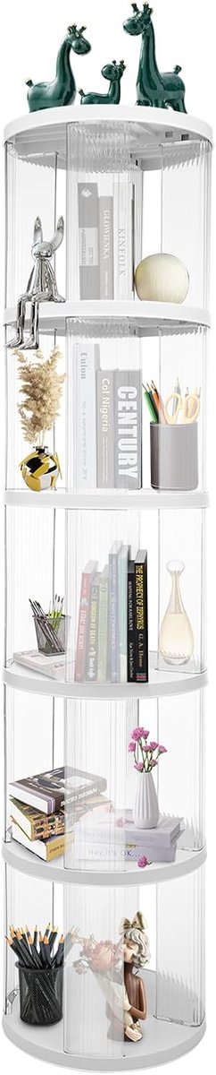 Boekenkast, 5 verdiepingen, draaibaar, 360 graden display, boekenkast, transparant, staand opbergrek, vrijstaand, boekenorganizer, tot ongeveer 250 boeken, draairek, staand rek voor woonkamer