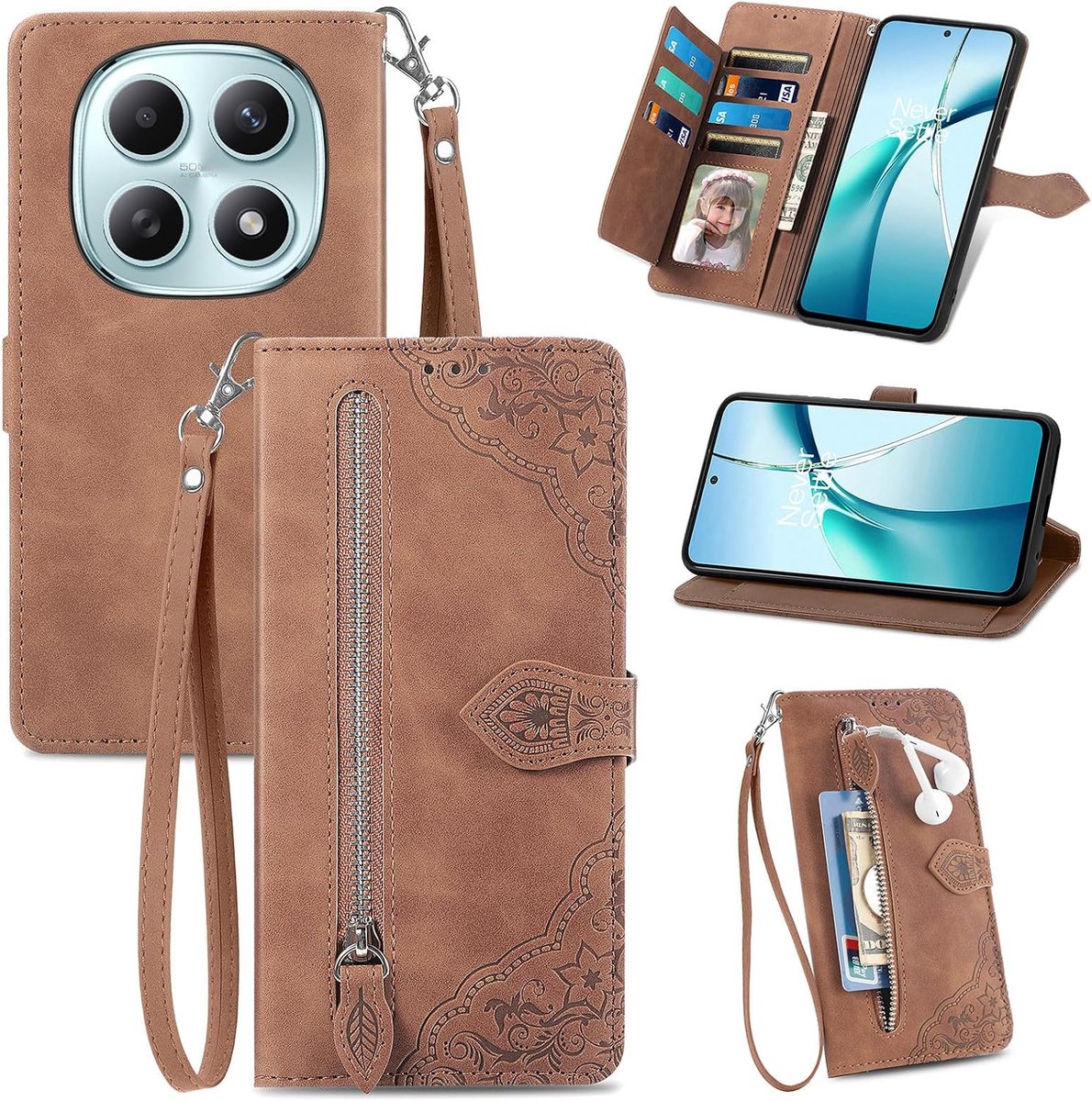 Hoesje voor Xiaomi Redmi Note 15 5G / 4G / POCO M8 5G, lederen portemonnee flip book hoesje met kaarthouder, standaard en handband, mooie bloem, schokbestendige huid, bruin