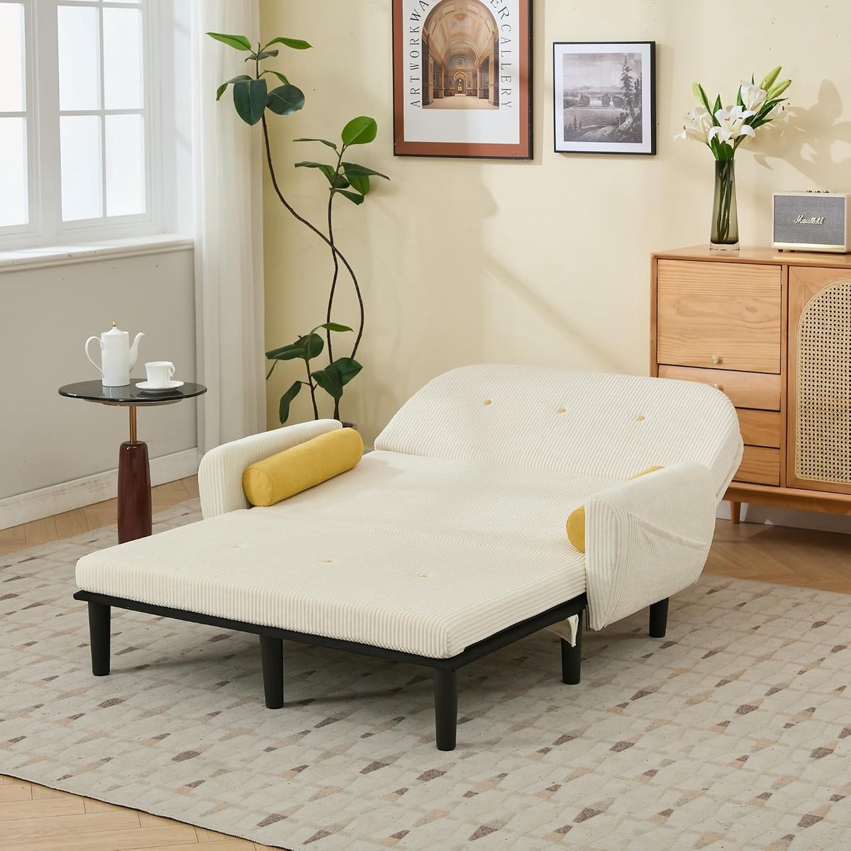 Slaapbank met hoofdsteun voor kleine ruimtes, corduroy loveseat bank, relaxstoel, speelbank, comfortabele vloerbank, lounge voor woonkamer (corduroy, 2-zits, ivoor)