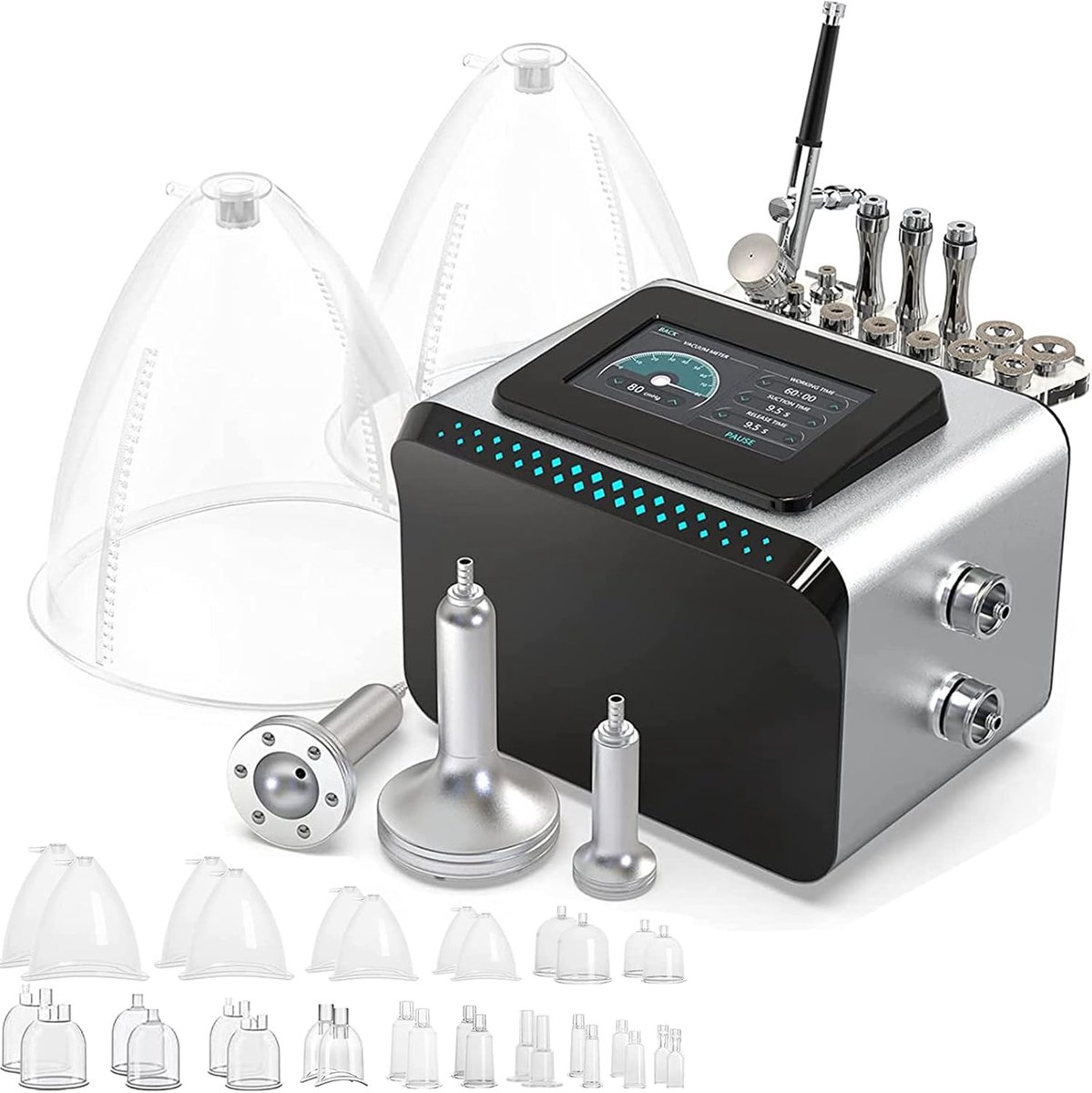 Vacuümtherapiemachine, 3-in-1 vacuümcupping-sets, huidverzorging en airbrushmachine, met grote bekers van 1800 ml en 1500 ml, 0-80 cmHg, 5 inch touchscreen