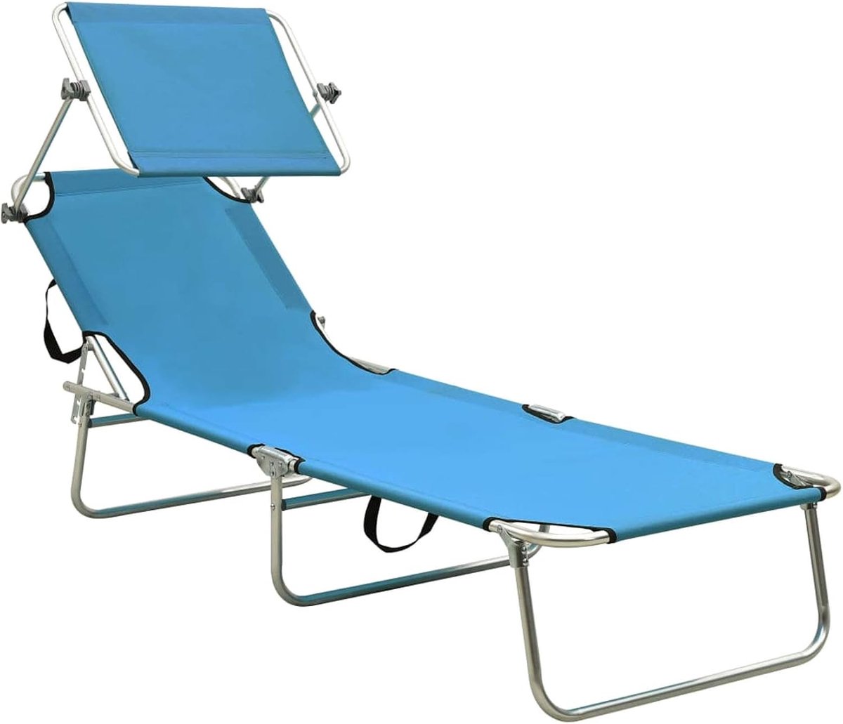 Verstelbare ligstoel voor rugleuning en zonnedak, tuinligstoel van metaal en stof, 189 x 58 x 27 cm, turquoise en blauw