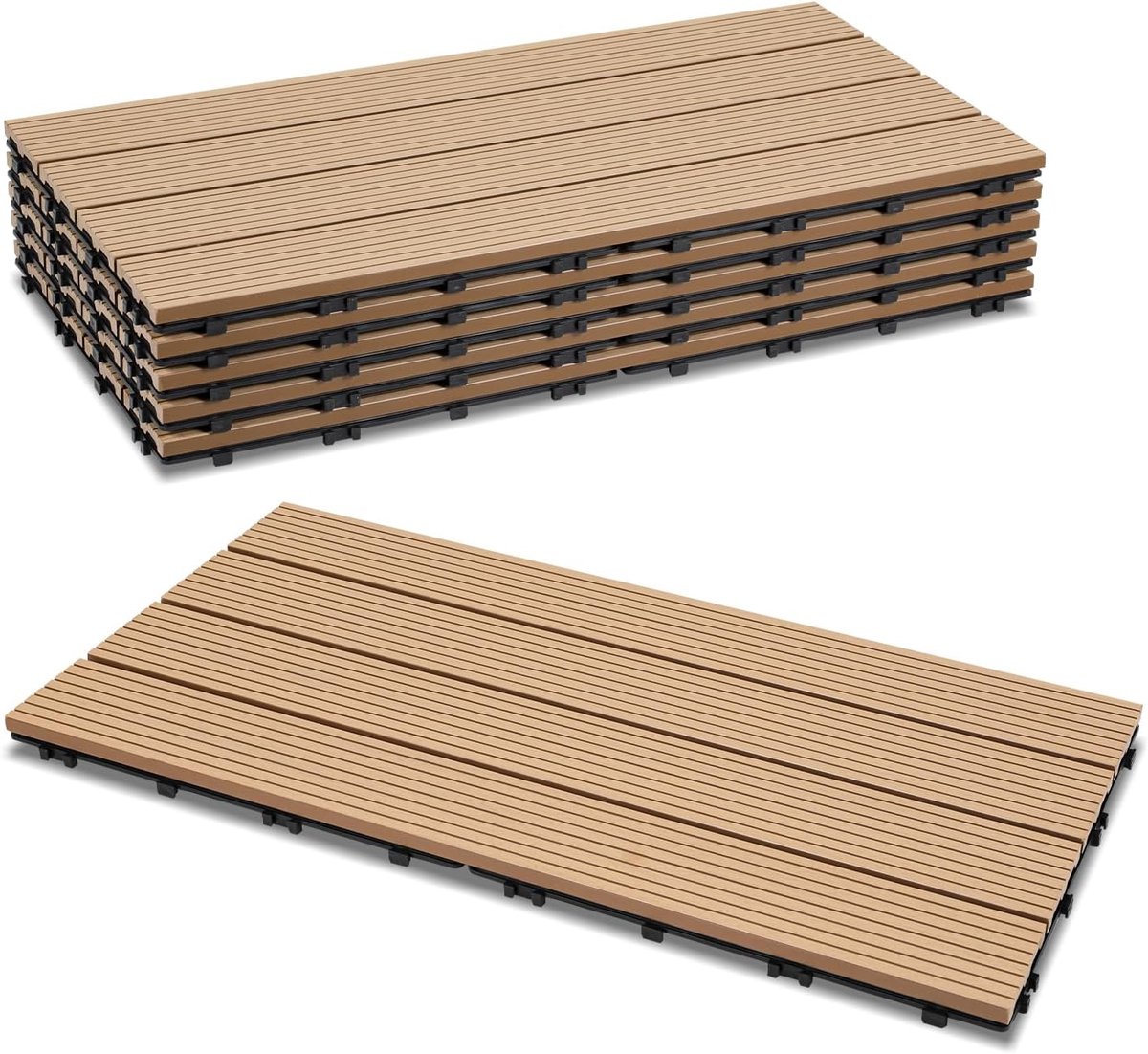18 stuks WPC terrastegels, teak-balkontegels, 30 x 60 cm - 3 m², ideaal voor buiten, kliktegels voor balkon, tuin, terras, vloerbedekking eenvoudig, snel en praktisch geïnstalleerd