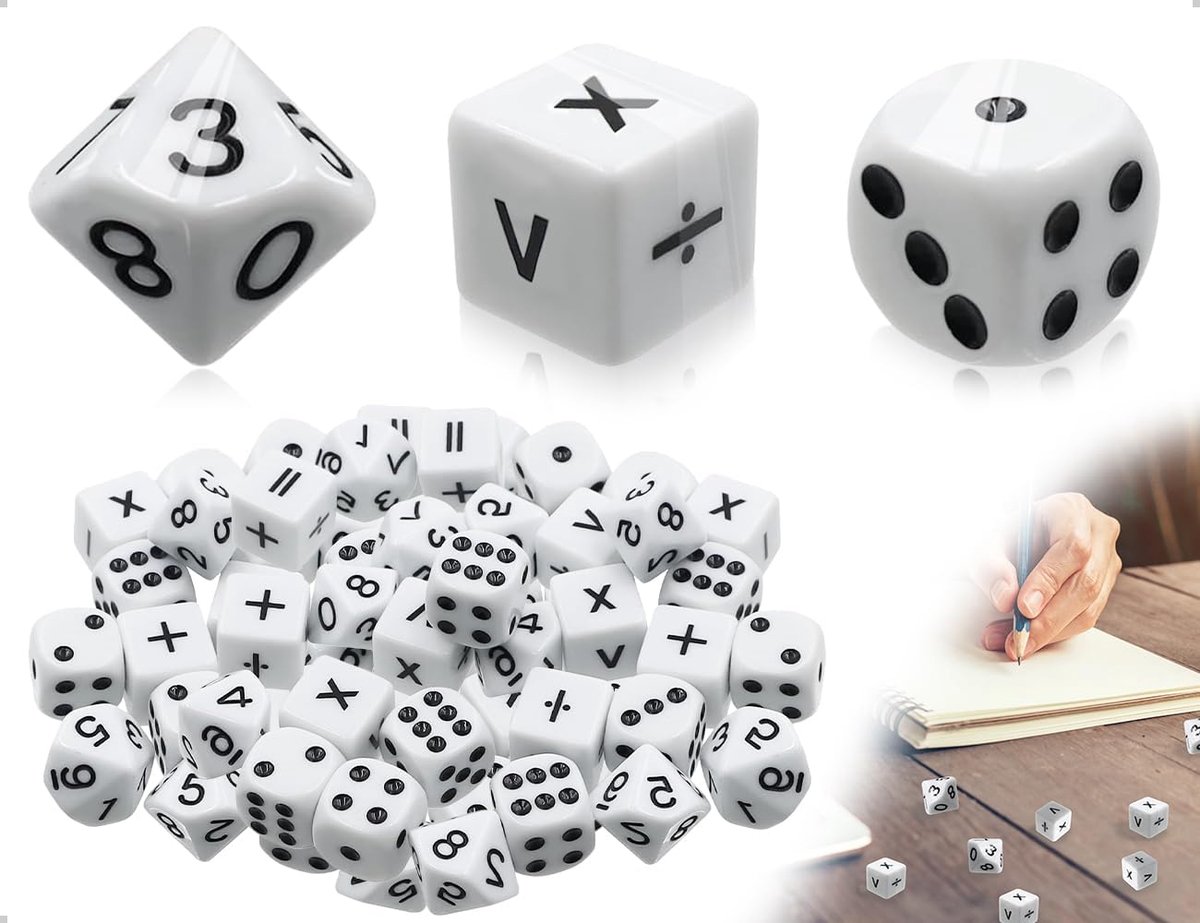30 stuks wiskundedobbelstenen, bevat 10 stuks punten, 10 stuks 10-zijdig en 10 stuks wiskunde-operatiekubussen, geschikt voor cursussen, feestspelletjes en puzzelspellen