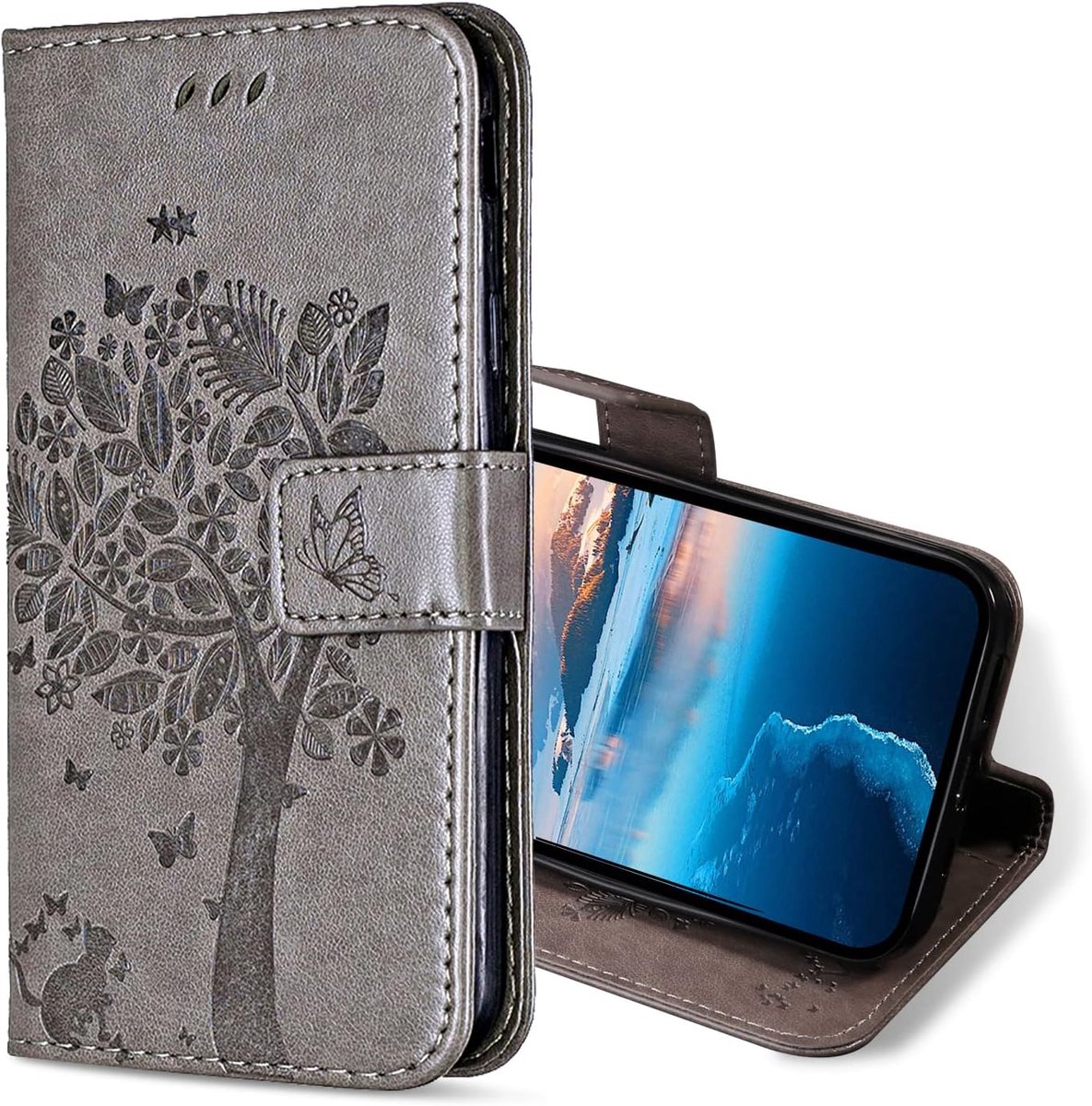 Hoesje voor OnePlus Nord 2T 5G, Kunstleren Bookcase Hoes met Pasjeshouder, Retro Kat en Boom Telefoonhoesjes Wallet Case voor OnePlus Nord 2T 5G (Grijs)