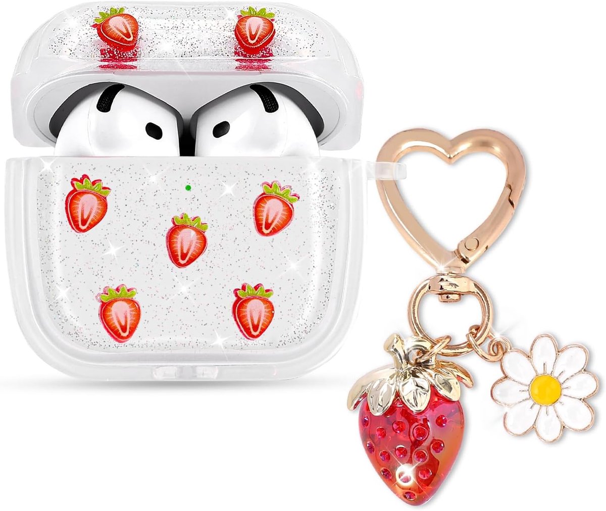 Transparante hoes voor AirPods 4, schattig aardbeipatroon, esthetische glitter met aardbeien-bloemen-sleutelhanger, voor dames en meisjes, zachte TPU, schokbestendig, krasbestendige