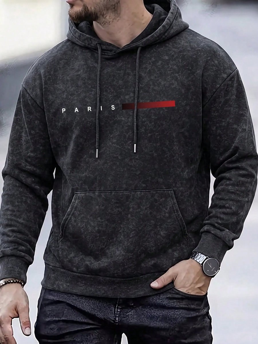 Stijlvolle Heren Hoodie Sweater Paris Print Comfortabele Casual Trui met Capuchon 2XL-3XL Antraciet