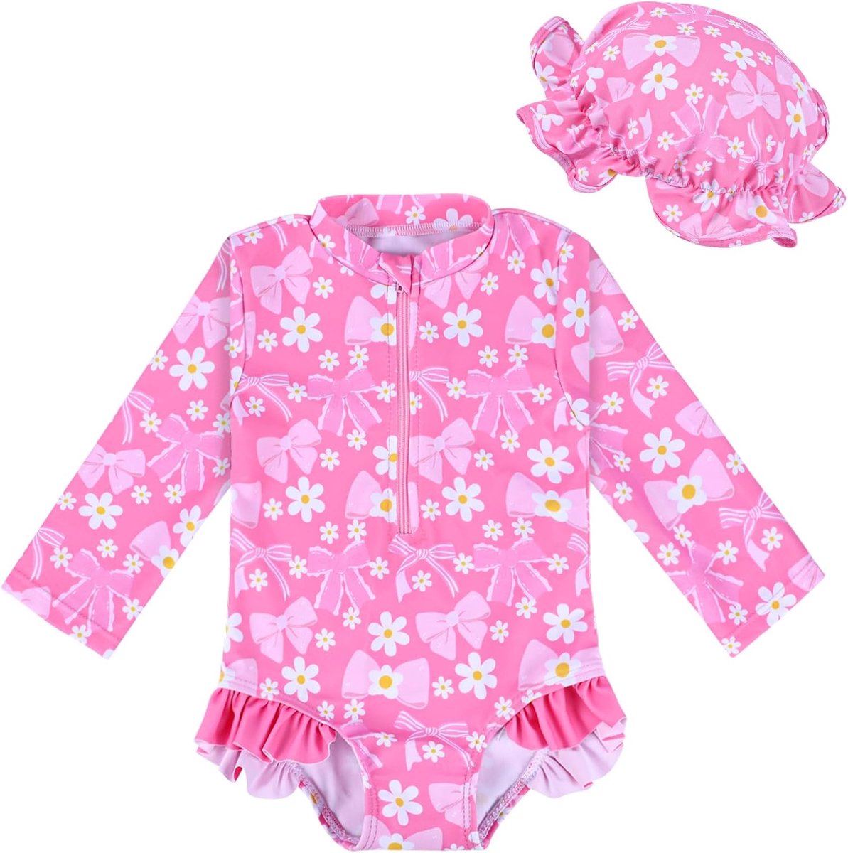 Meisjeszwempak met zonnehoedje, rashguard met lange mouwen en aardbeienstrikje Zwempak voor baby’s en peuters van 3 maanden tot 2 jaar