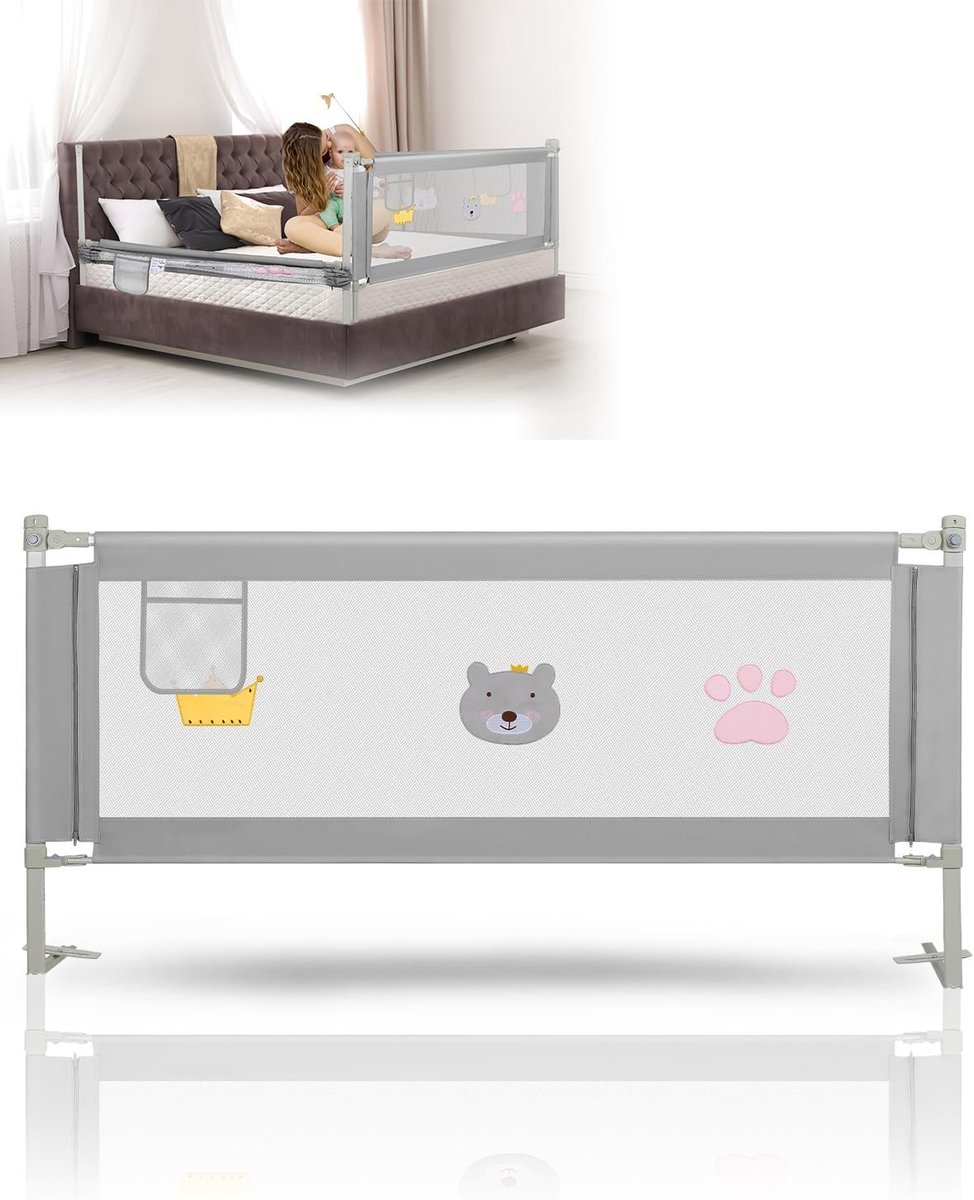 Bedhek voor baby's, 200 x 70 cm, in hoogte verstelbaar babybed, beschermingsrooster, 70-98 cm, stabiel bedhek met veiligheidssluiting, ademend net, grijs