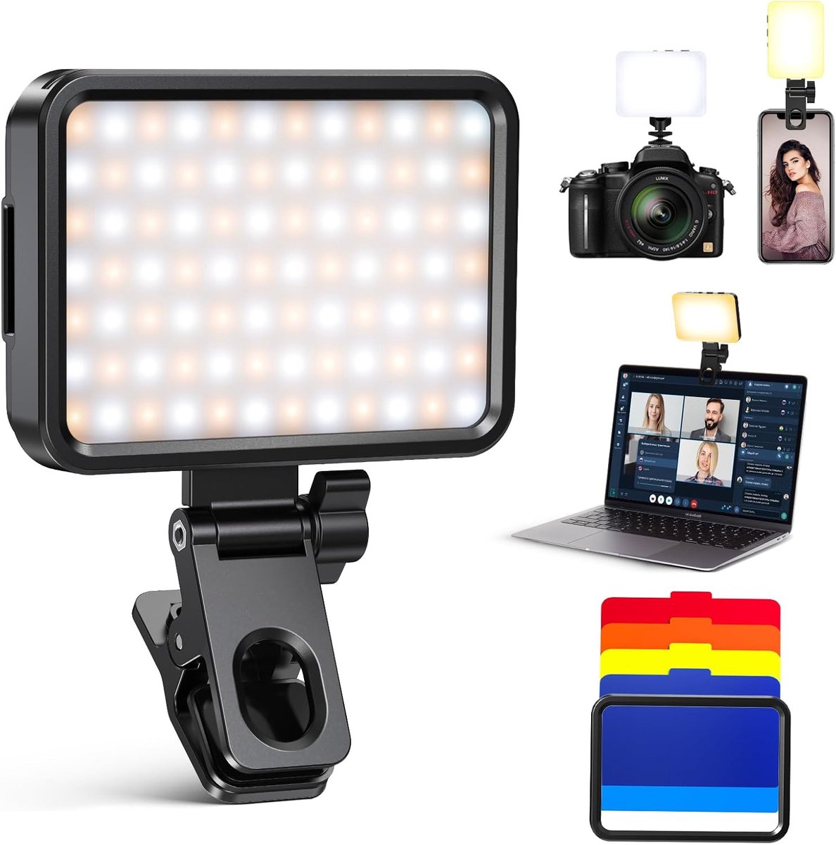 84 LED-videolamp, 3000-10000K, 3 lichtmodi, CRI 95+, ingebouwde 2000mAh batterij, selfielamp met clip, brede compatibiliteit voor iPhone, iPad, laptop, camera