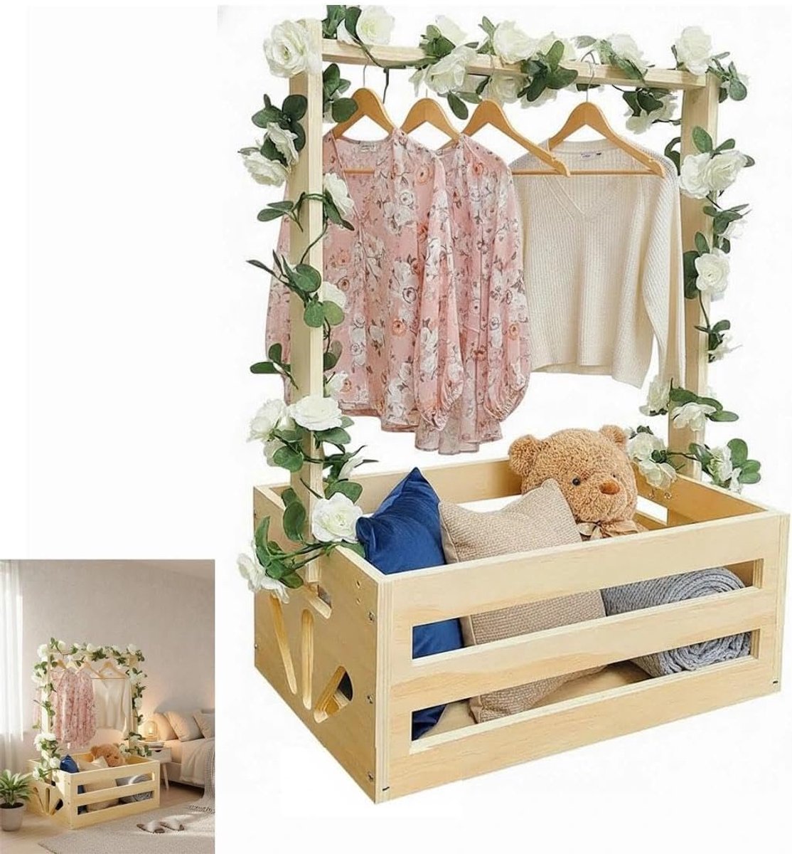 kledingmanden, cadeauset van hout voor de kledingkast, opbergdoos met geïntegreerde kledingstang, voor slaapkamers, woonkamers en kledingkasten