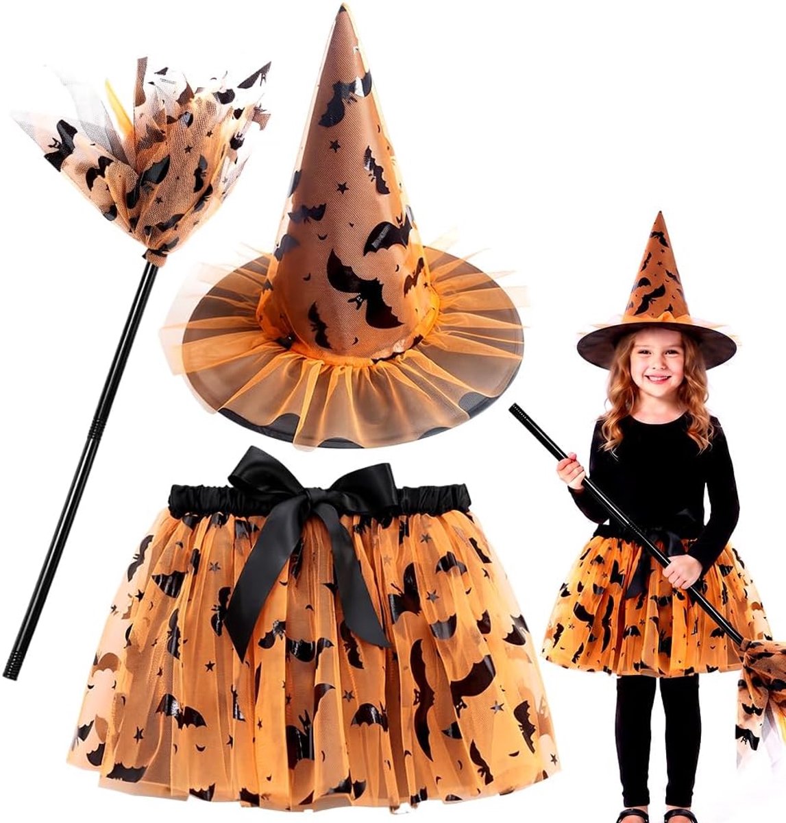 Heksenkostuum voor dames, heksenset met tule rok, heksenhoed en bezem, voor cosplay, party, carnaval C