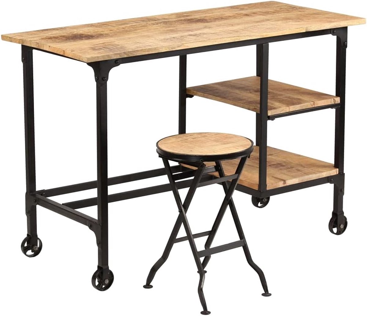 Bureau en kruk, inklapbaar, massief hout, vintage-stijl, met klapkruk en planken, 115 x 50 x 76 cm