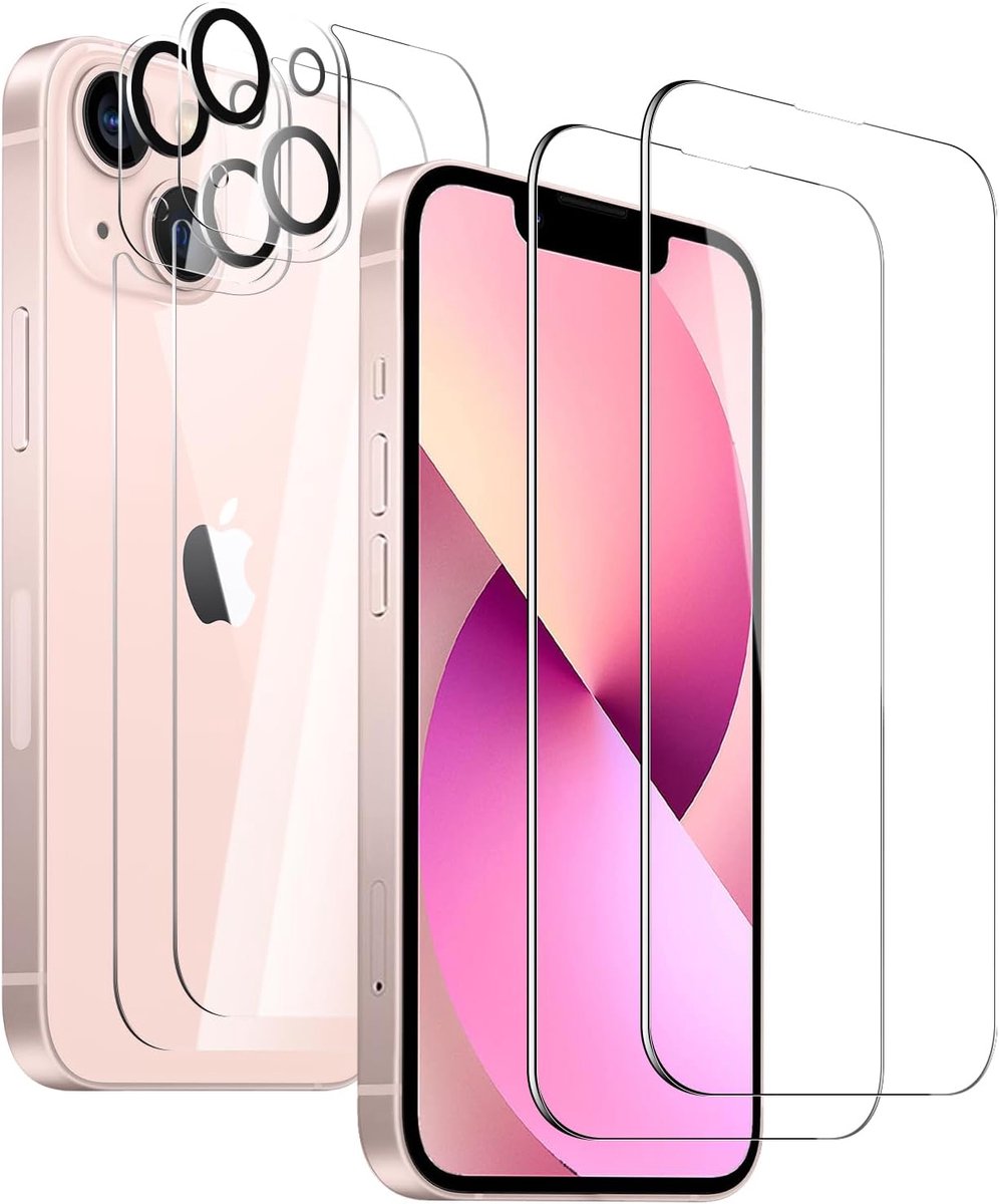 Glas Schermbeschermer Transparant voor iPhone 13, Set van 2 Schermfolie + 2 Lensbeschermers + 2 Achterfolie, Krasbestendig HD Helder