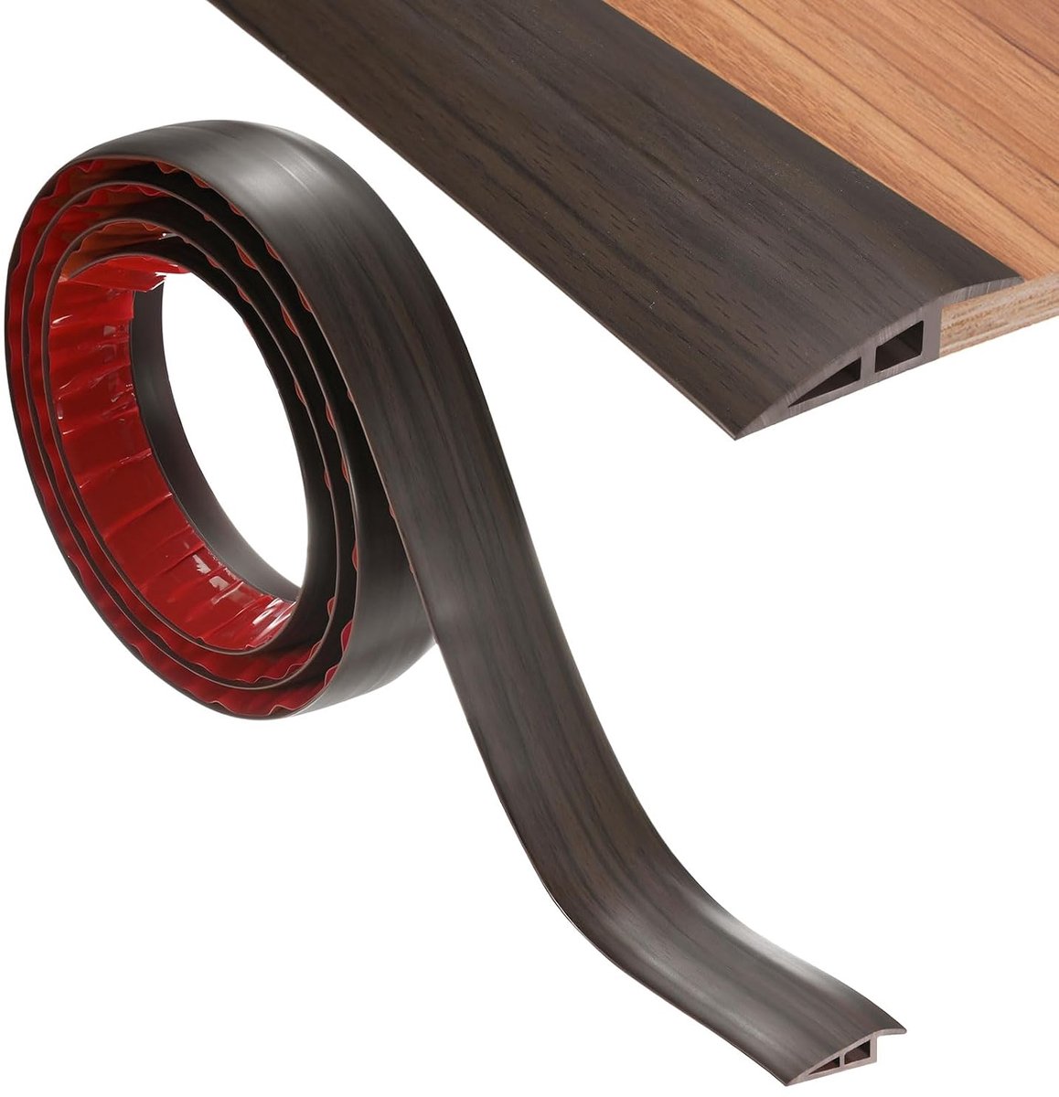 METERXITY Vloerovergangsstrip, PVC deurovergangsstrip, zelfklevend, geschikt voor deuropeningen/tegels/tapijt, vloerbedekkinghoogtes binnen 10 mm [donkerbruine houtkorrel]