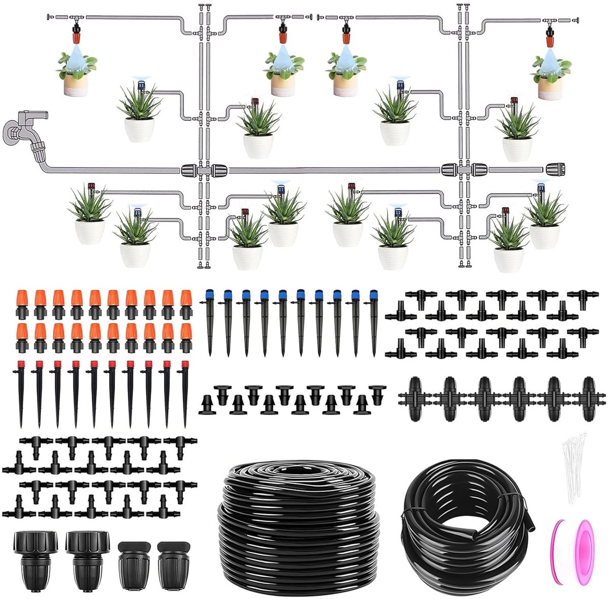 Druppelirrigatieset, 60 + 12 m, 8/11 mm hoofdslang, tuin