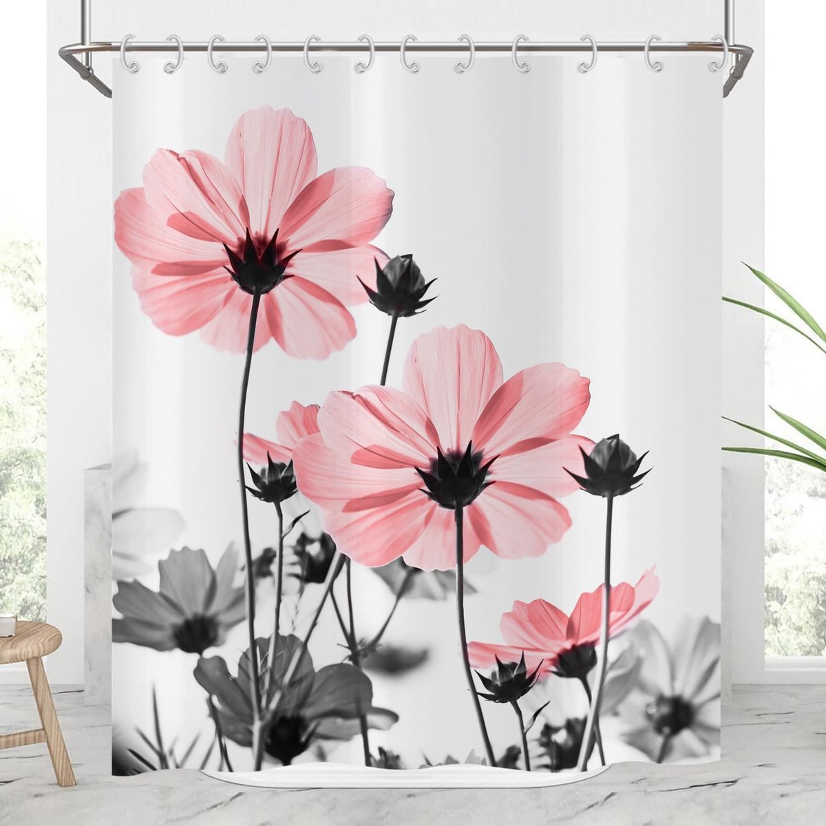 Douchegordijn, bloemen, 180 x 200 cm, roze en grijs, madeliefje, elegant, wilde bloem, boerderij, design, waterdicht, polyester, stof, wasbaar, douchegordijn met haken