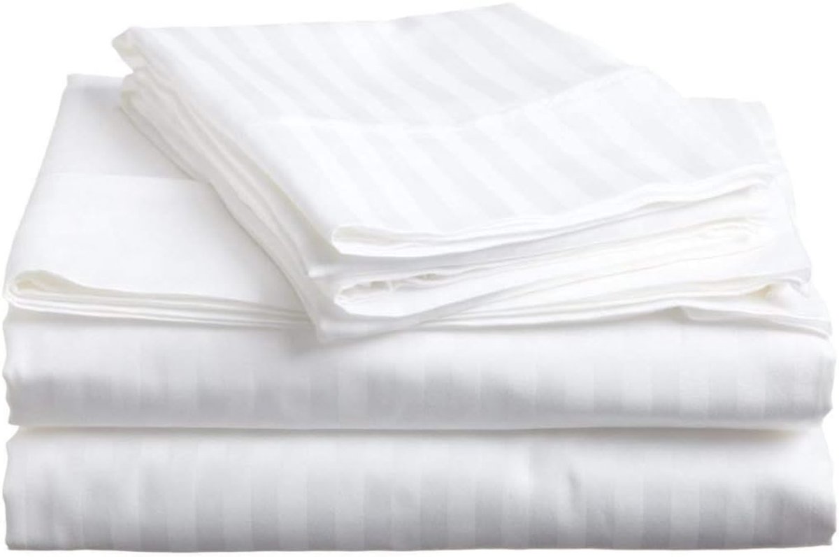 400 draadtelling, 5 stuks beddengoed set - 1 plat laken, 1-hoeslaken (35cm) diepe zak, 1-rits dekbedovertrek en 2 kussenslopen, 100% Egyptische katoen-witte streep, kingsize formaat.