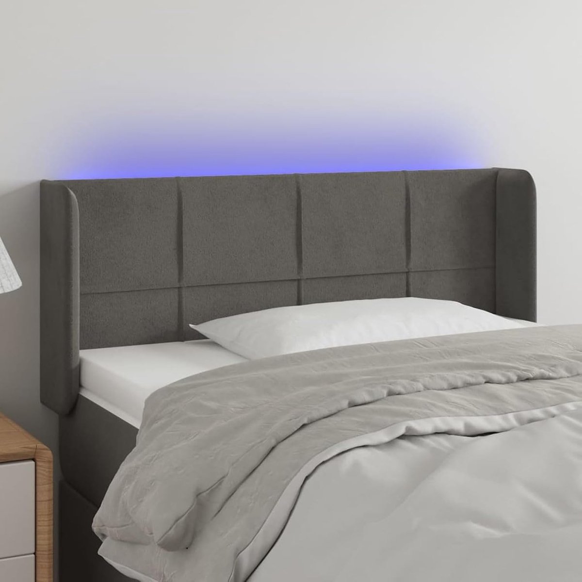 Hoofdeinde met led, donkergrijs, 93 x 16 x 78/88 cm van fluweel, hoofdeinde met oren, hoofdeinde van fluweel, blok met vierkanten