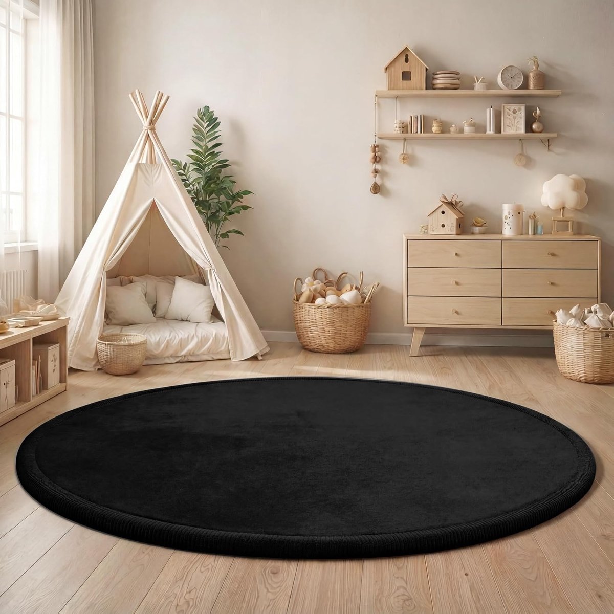 Home Tapijt Voor Kinderen Vloerkleed Kinderkamer Zacht Antislip Modern, Maat:Ø 80 cm rondje, Kleur:Zwart