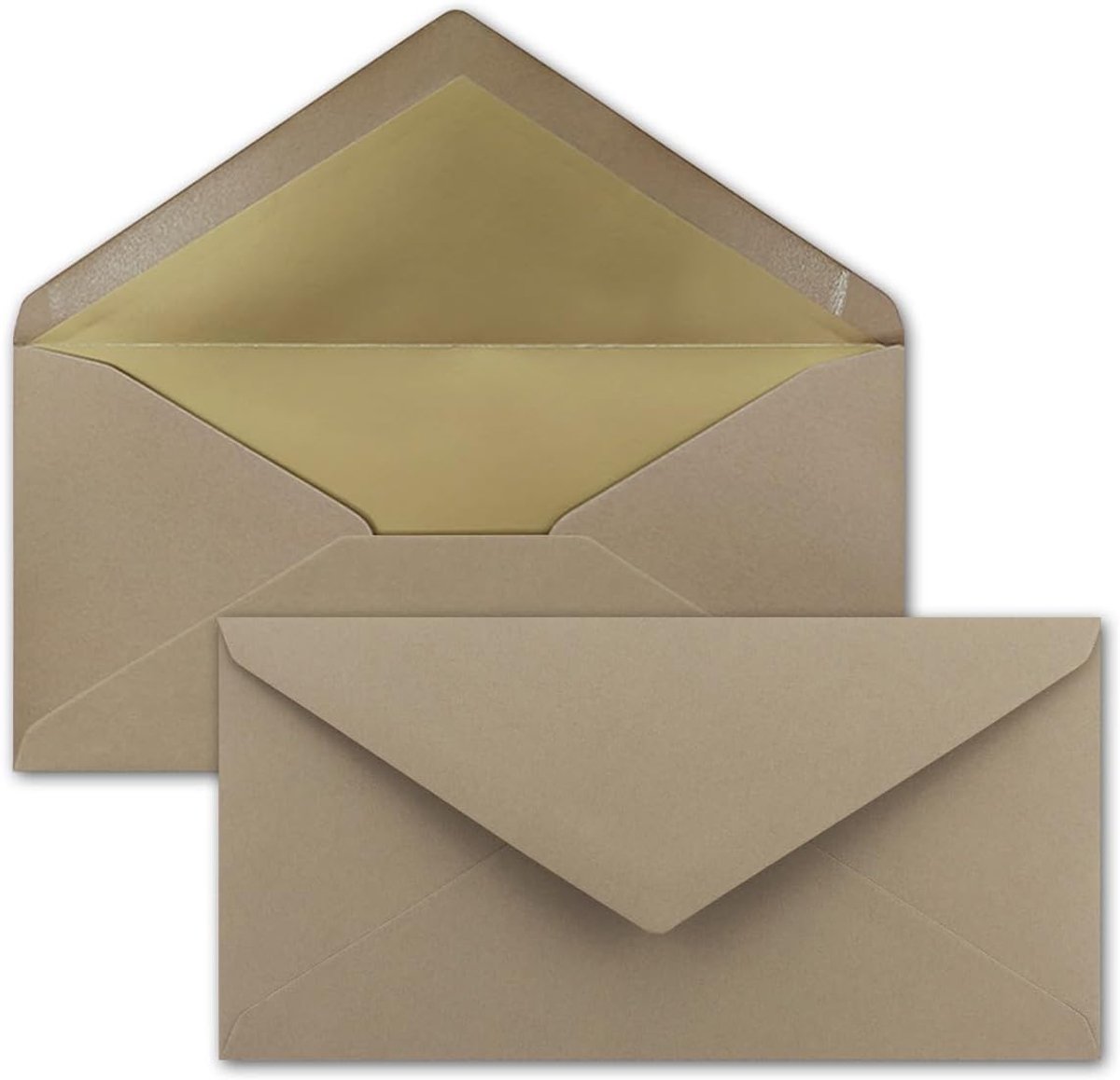 100 enveloppen DIN lang - cappuccino met goud-metallic binnenvoering - 110 x 220 mm - nat lijmen - feestelijke enveloppen voor uitnodigingen