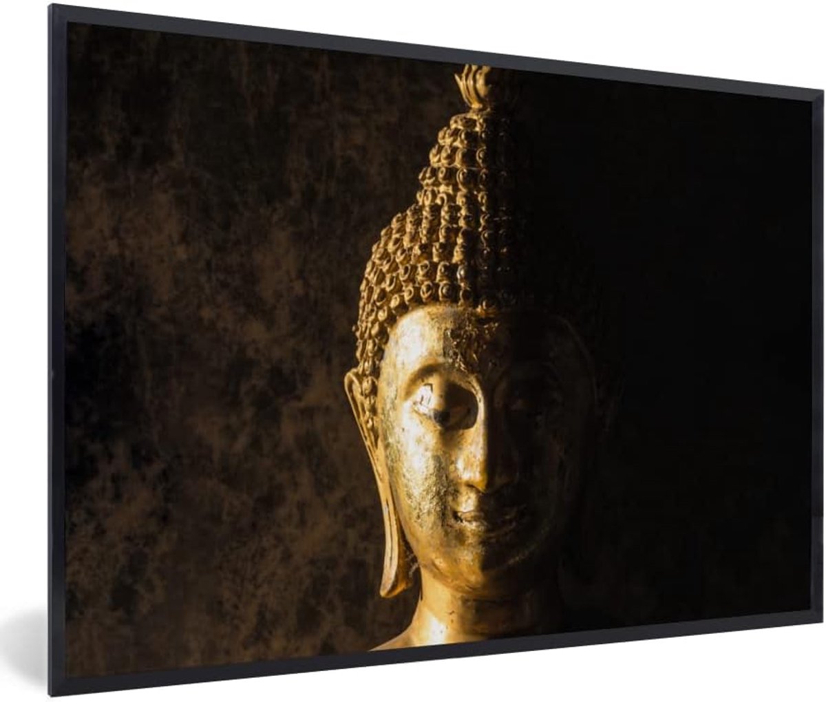 Poster met Lijst - 90x60 cm - Buddha - Boeddha beeld - Goud - Spiritueel - Zwart