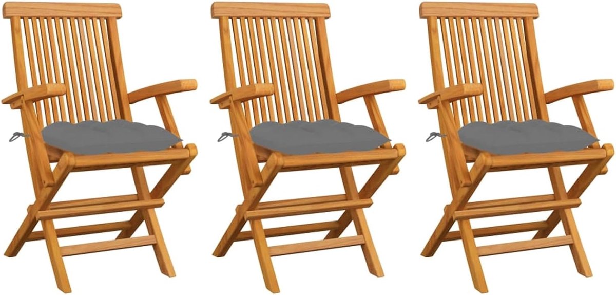 3 x teak massief tuinstoel met grijze kussens, armleuningen, inklapbare tuinstoelen, klapstoelen, stoelen, houten stoelen, tuinmeubelen