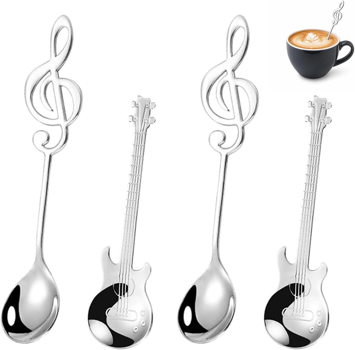 Koffielepels gitaarset, dessertlepels roestvrij staal, decoratieve muzieknot, lattelepel voor thee, melk, koffie, dessert, drank, milkshake
