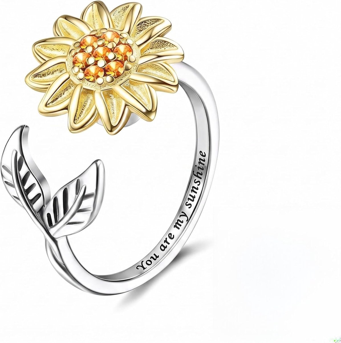Ring voor dames, zonnebloem en bladeren, verstelbaar, voor angst, open ring van roestvrij staal, cadeau ter verlichting van stress
