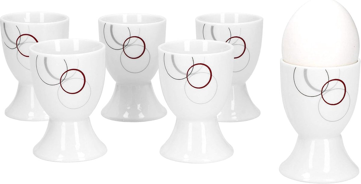 Well Set van 6 eierdopjes Palazzo 4,8 cm - van wit porselein met decoratieve cirkels in grijs en donkerrood