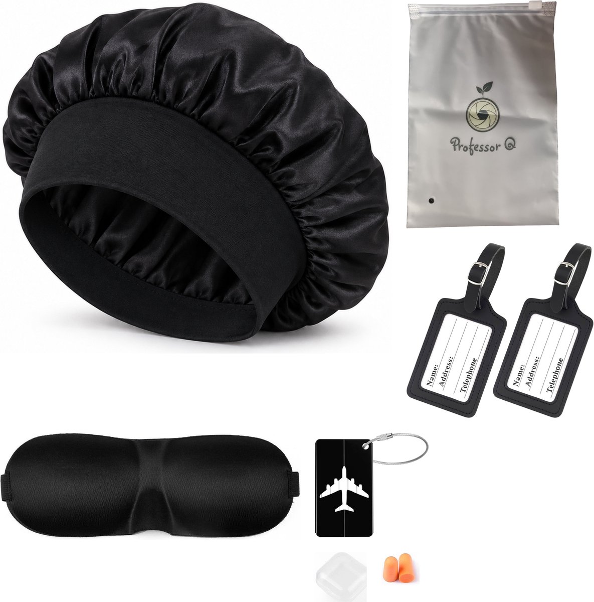 Professor Q Reisset - Aluminium Kofferlabel Zwart - 2 PU-Kofferlabels Zwart - Slaapmasker Zwart - Bonnet Zwart