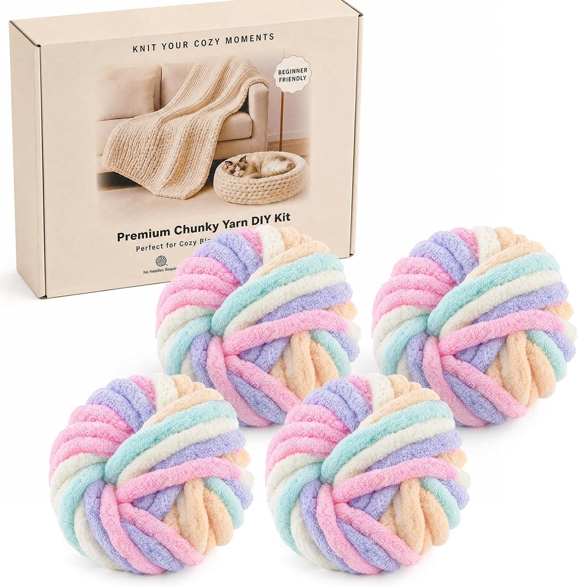 Chenille-wolset, 4 jumbo-bollen in geschenkdoos, extra dik garen voor haken en breien, zachte marshmallow pastelwol voor dekens, kussens en doe-het-zelfprojecten