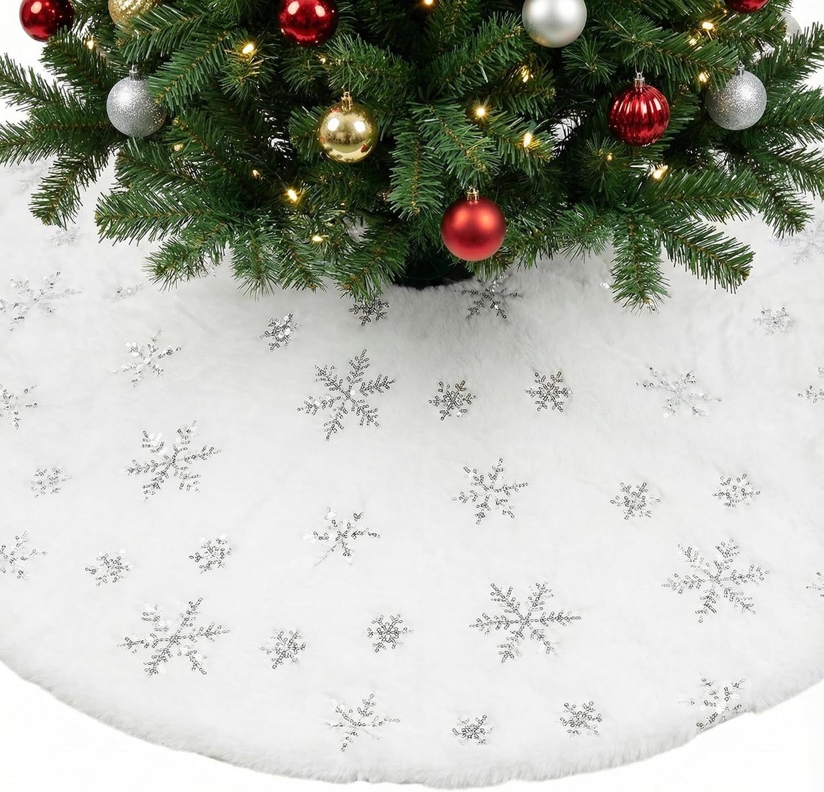 90 cm grote witte kerstboomrok decoraties met zilveren sneeuwvlok, kerstversiering van imitatiebont voor boomversieringen, L, wit-zilver