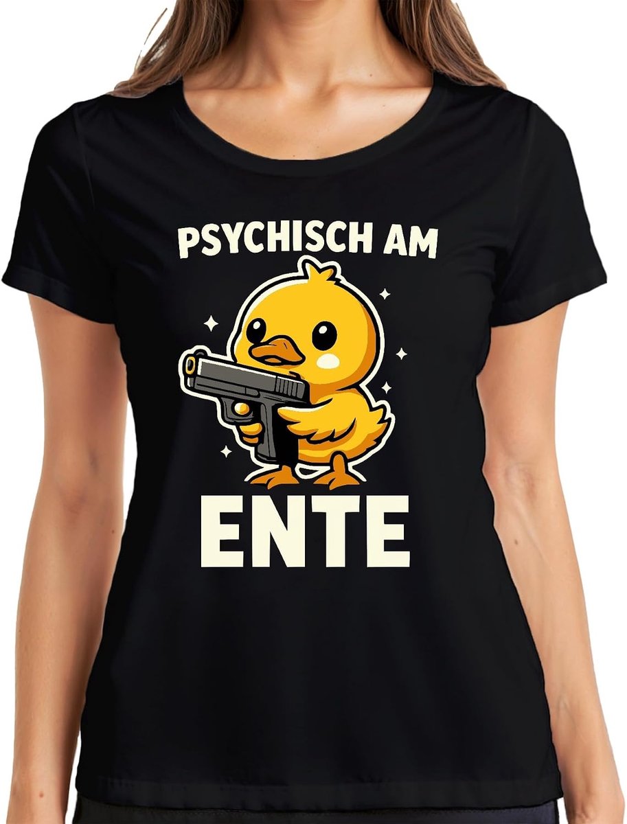 Psychisch aan de eend eendje met pistool grappig memes brutaal gag retro dames T-shirt