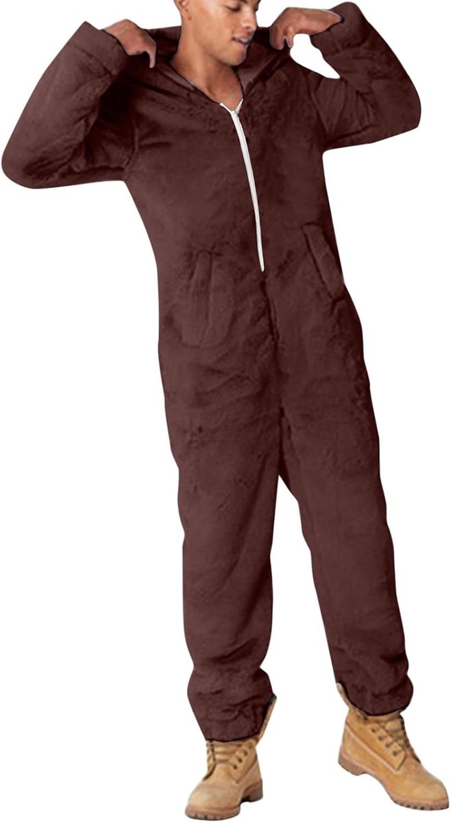 2026 heren kunstwol lange mouwen pyjama casual effen ritssluiting los met capuchon overall pyjama casual winter warm romp leuke oren nachtkleding