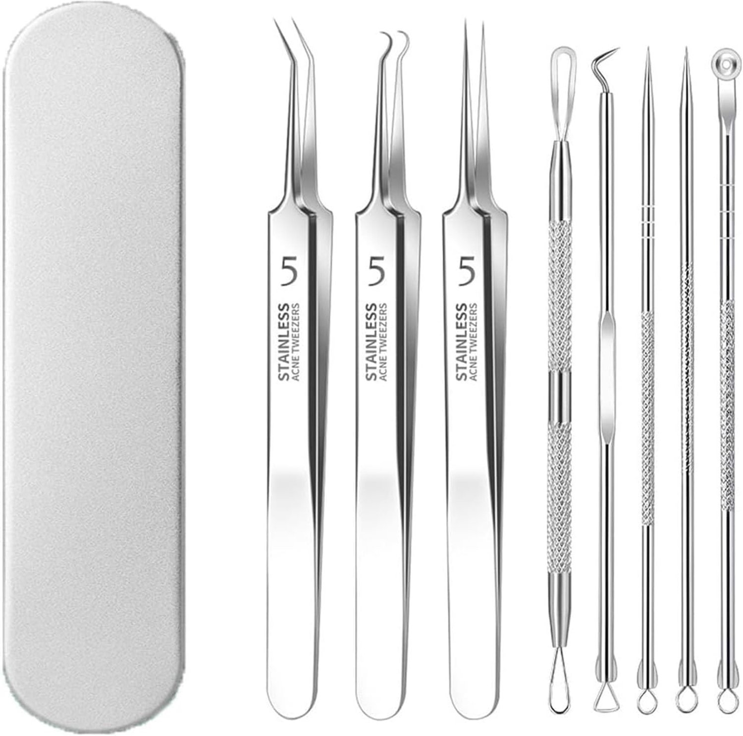 SnelShoppen - 8pcs Blackhead Remover Set - Professionele RVS Pimple Popper Kit voor Acne, Blackheads en Whiteheads - Comedone Extract Tool voor Gezich