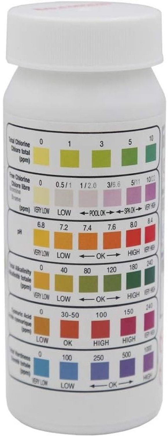 Zes-in-één Waterkwaliteits Teststrips - Voor Zwembaden en Spa's - 50 Stuks - Eenvoudige en Snelle Test voor Chloor, pH, Alkaliteit en Hardheid