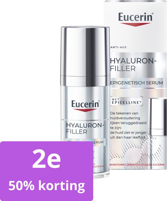 Eucerin Hyaluron-Filler Epigenetisch serum in zilveren pompflacon, met doos. Korting 50% op 2e product.