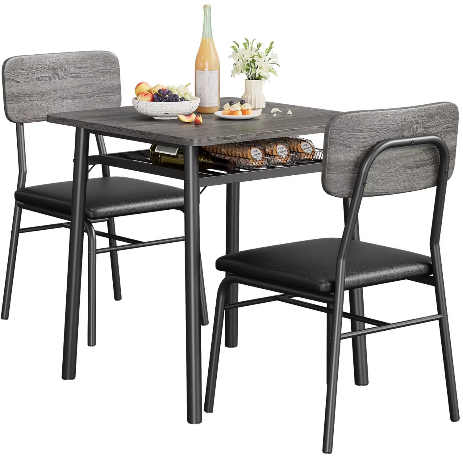 Whoopr® 3-Delige Eetkamerset voor 2 Personen – Eettafel met 2 Gestoffeerde Eetkamerstoelen & Opbergrek – Metalen Frame – Compacte Keukentafel voor Kleine Ruimtes – Grijs