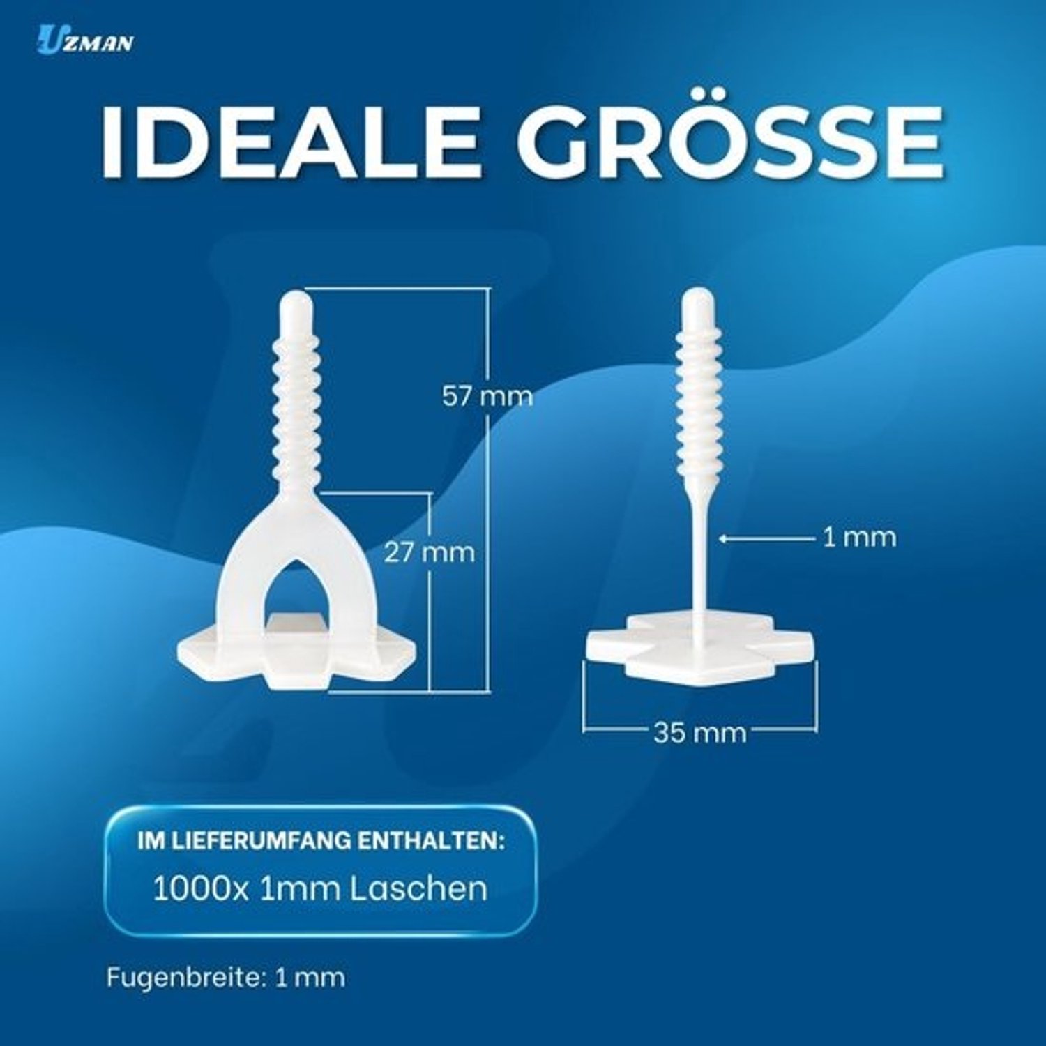Uzman Tegelnivelleringssysteem, leghulp, voegbreedte 1 tot 3 mm, tegelwiggen voor een perfect voegenbeeld, voegenkruisen, installatiegereedschap (1 mm - 1000 stuks treklussen)