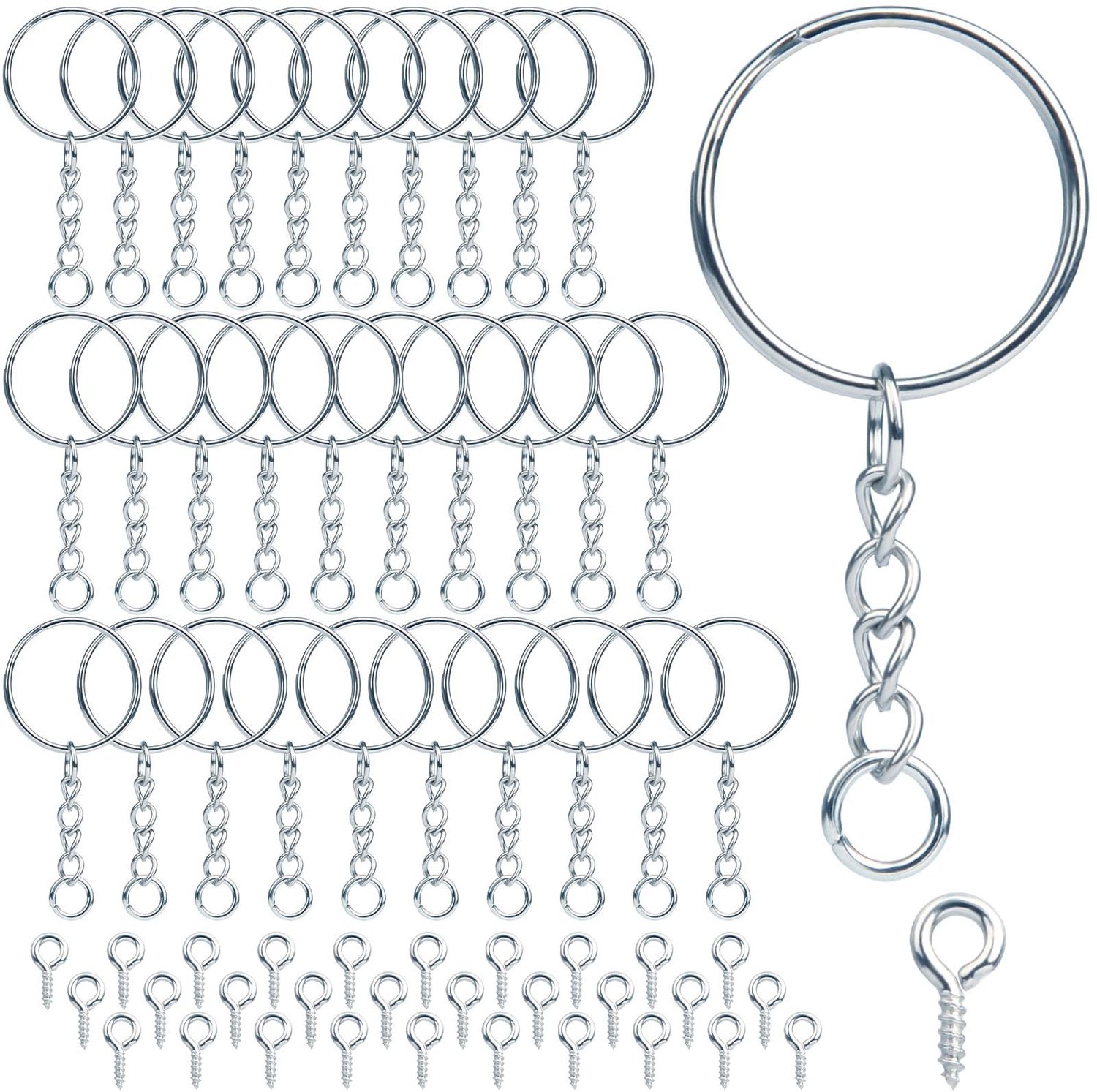 340x Zilveren Sleutelringen met Ketting & Oogschroeven - DIY Sieraden & Sleutelhangers