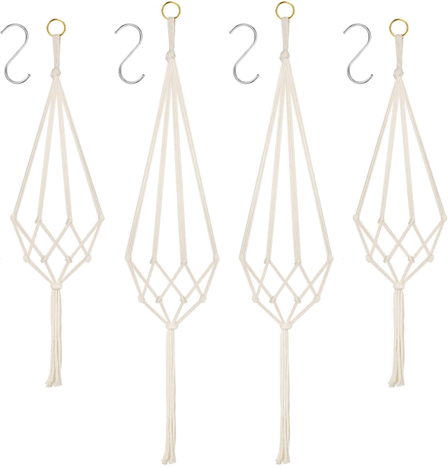 Set van 4 Macramé Plantenhangers, Katoen, 80-100cm, Ecru