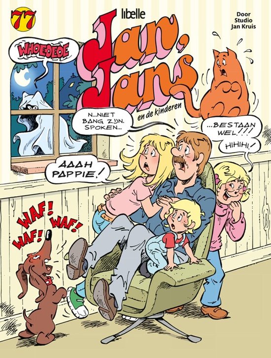 Stripalbum Jan, Jans en de kinderen nr 77: gezin met hond en kat schrikt van een geest bij het raam.